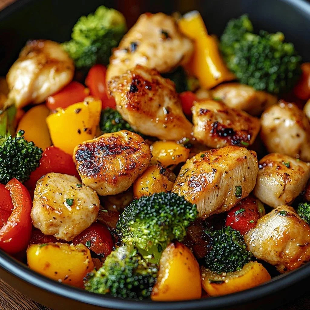 Air fryer chicken and veggies dish served in a bowl.