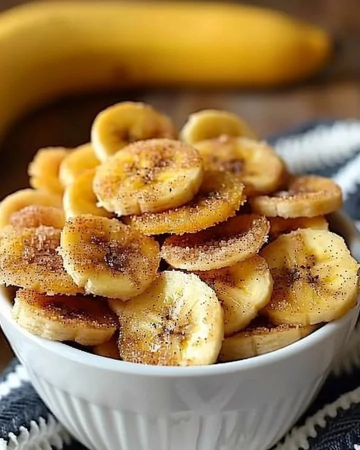 Air fryer cinnamon sugar banana chips served in a bowl