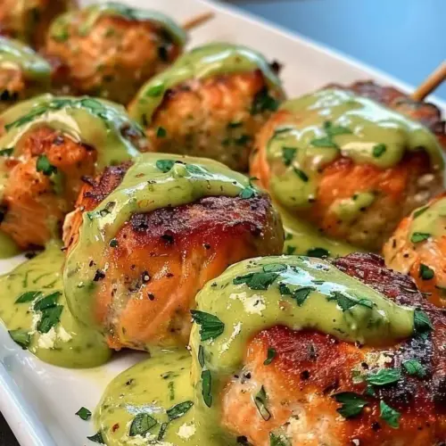 Baked salmon meatballs served with avocado sauce on a plate