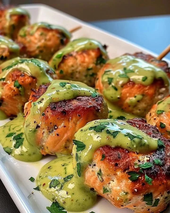 Baked salmon meatballs served with avocado sauce on a plate