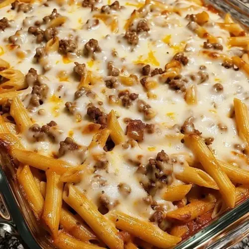 Delicious Beef and Cheese Baked Penne, a hearty Italian pasta dish with melted cheese.