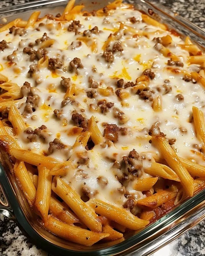 Delicious Beef and Cheese Baked Penne, a hearty Italian pasta dish with melted cheese.