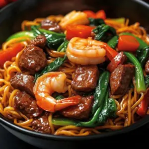 Delicious plate of beef and shrimp stir-fried noodles garnished with vegetables