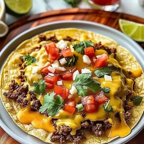 Delicious Beefy Cheesy Tostadas topped with cheese and beef
