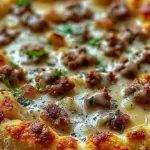 Delicious breakfast biscuits topped with sausage gravy on a pizza.