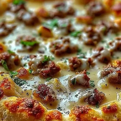 Delicious breakfast biscuits topped with sausage gravy on a pizza.