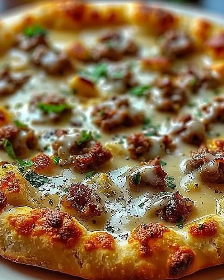 Delicious breakfast biscuits topped with sausage gravy on a pizza.