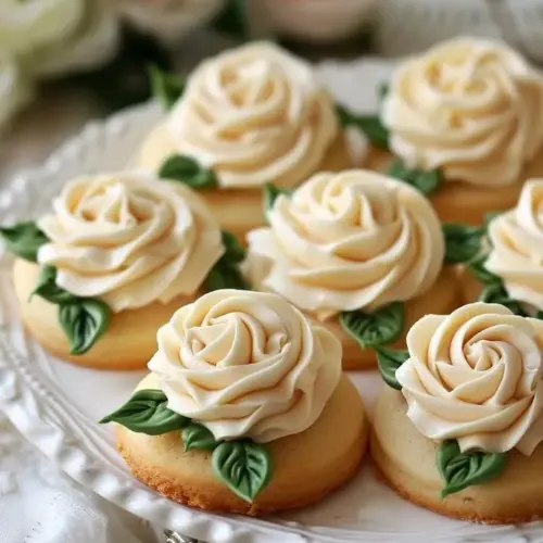 Beautiful Buttercream Rose Cookies decorated with intricate floral designs