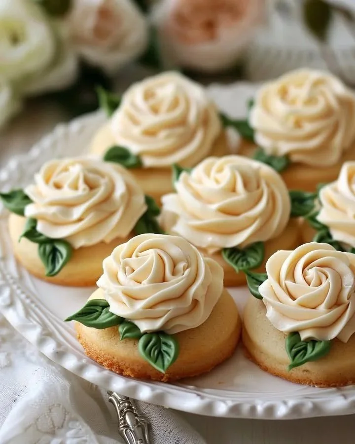 Beautiful Buttercream Rose Cookies decorated with intricate floral designs