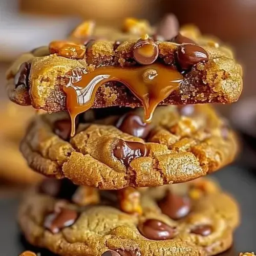 Delicious Butterfinger caramel crunch cookies topped with chocolate and caramel.