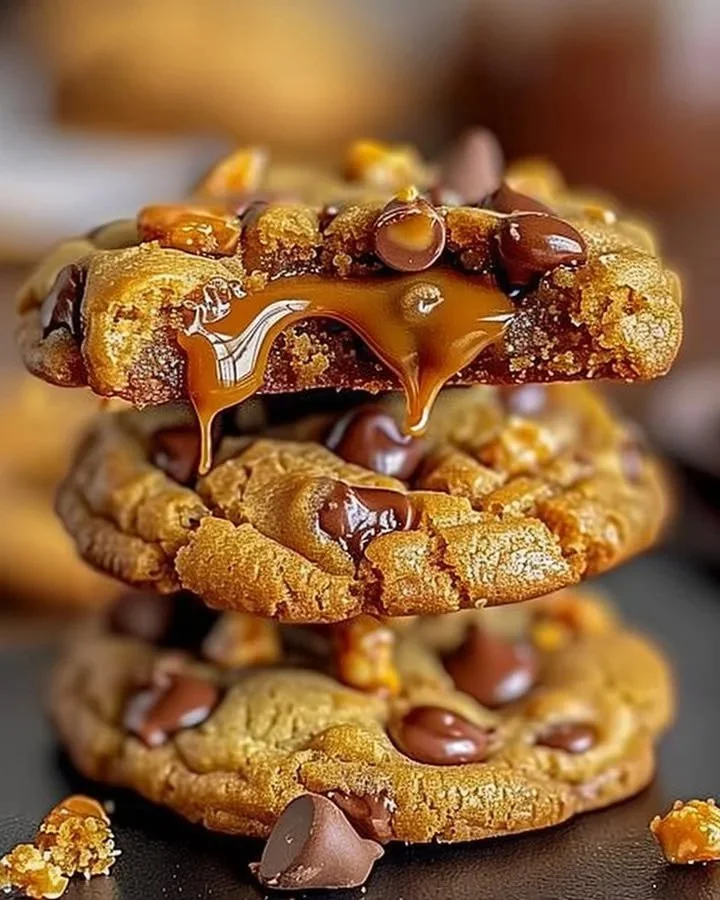 Delicious Butterfinger caramel crunch cookies topped with chocolate and caramel.