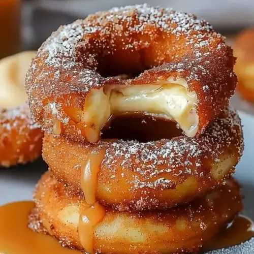 Delicious caramel cheesecake churro rings topped with creamy caramel drizzle