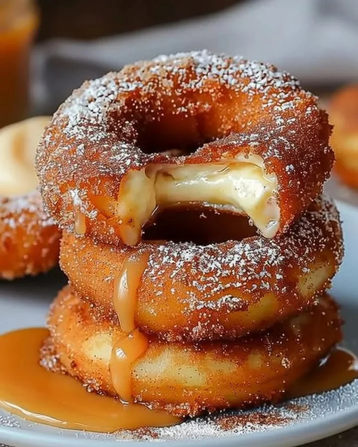 Delicious caramel cheesecake churro rings topped with creamy caramel drizzle