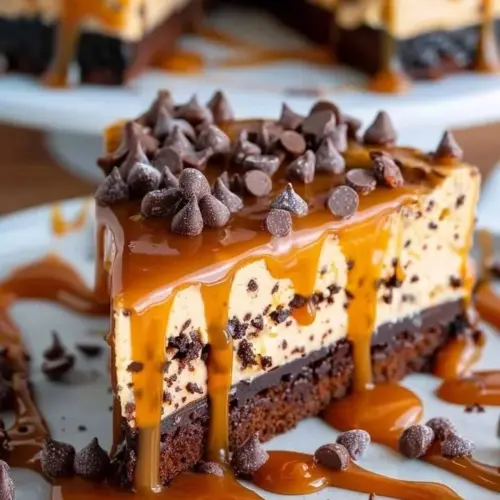 Caramel Swirl Brownie Cheesecake garnished with caramel sauce and chocolate shavings.