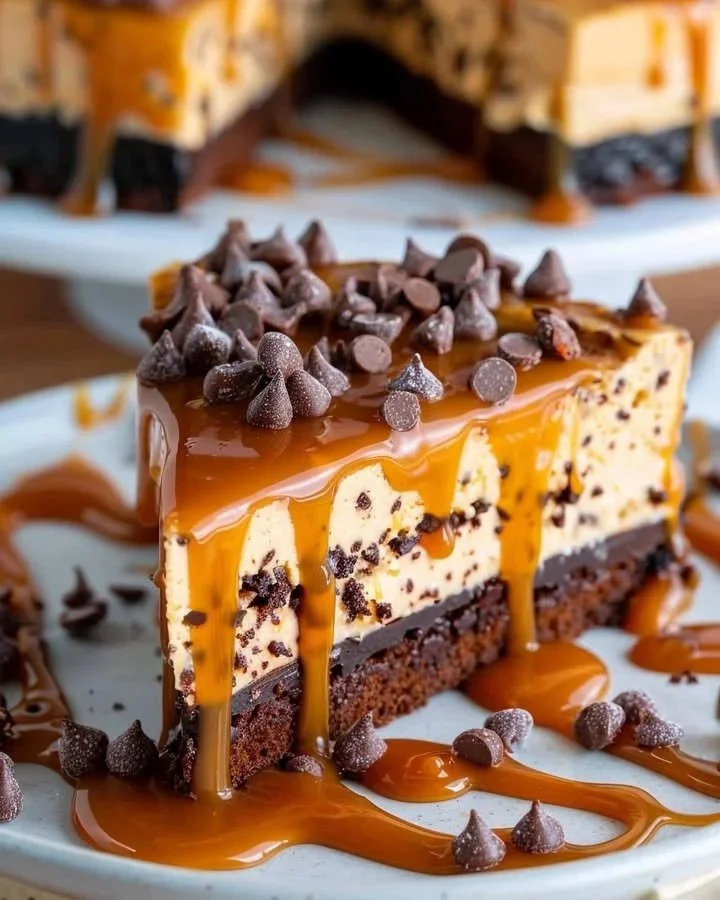 Caramel Swirl Brownie Cheesecake garnished with caramel sauce and chocolate shavings.