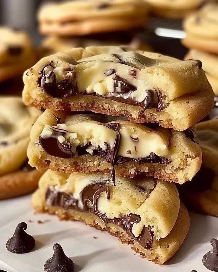 Cheesecake stuffed chocolate chip cookies on a plate, delicious and homemade