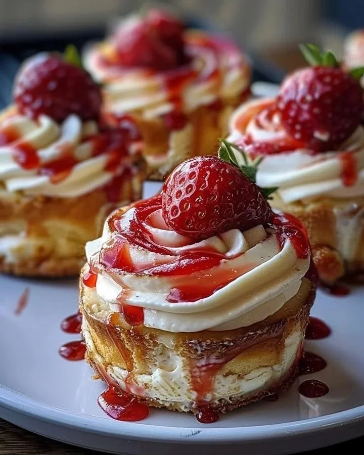Cheesecake stuffed strawberry rolls drizzled with icing on a plate.