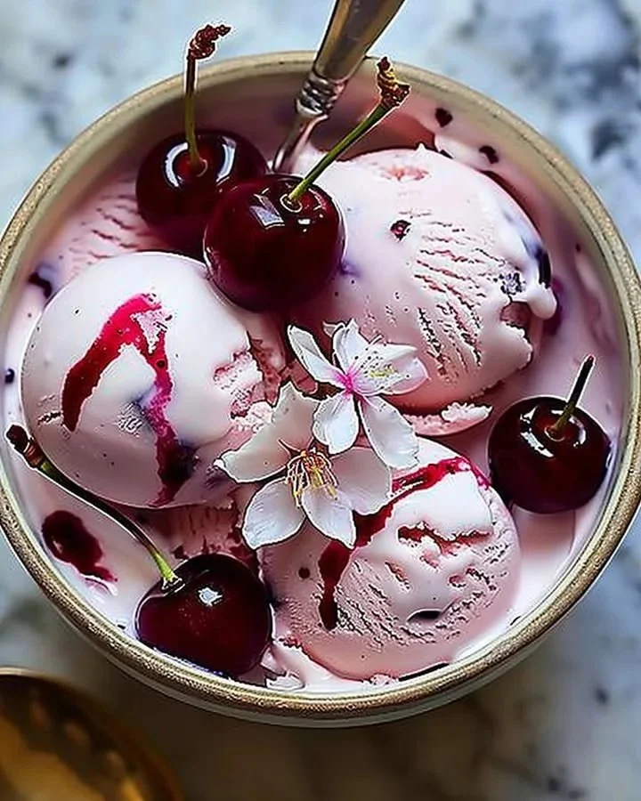 Delicious cherry blossom ice cream in a bowl, topped with fresh flowers.