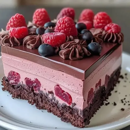Delicious chocolate raspberry mousse layer cake topped with fresh berries