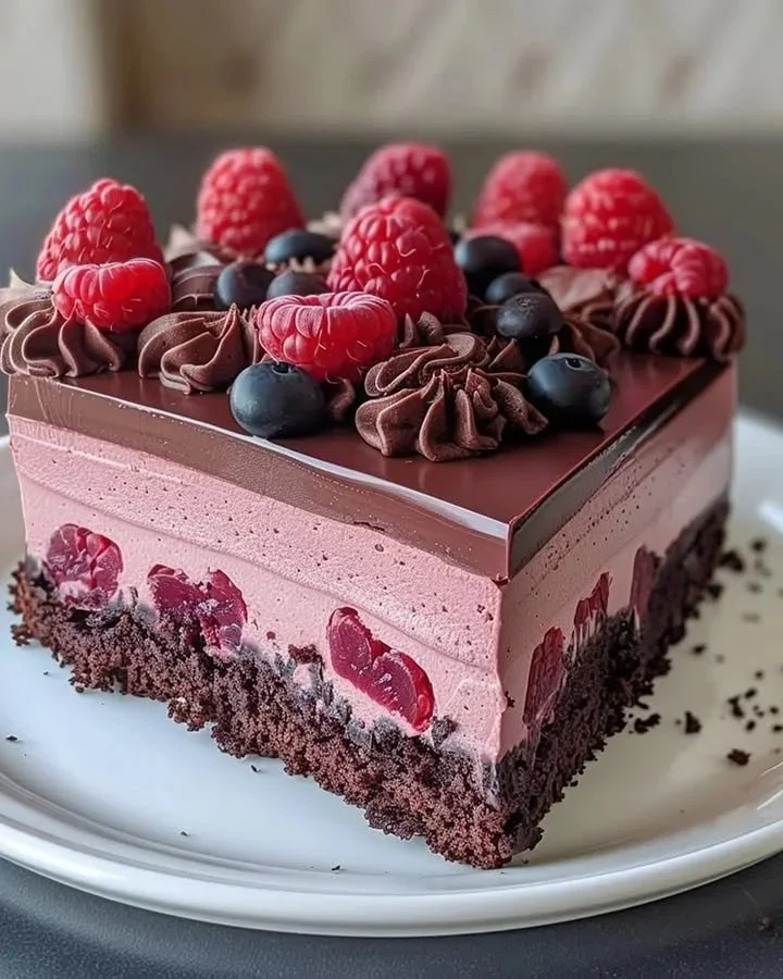 Delicious chocolate raspberry mousse layer cake topped with fresh berries