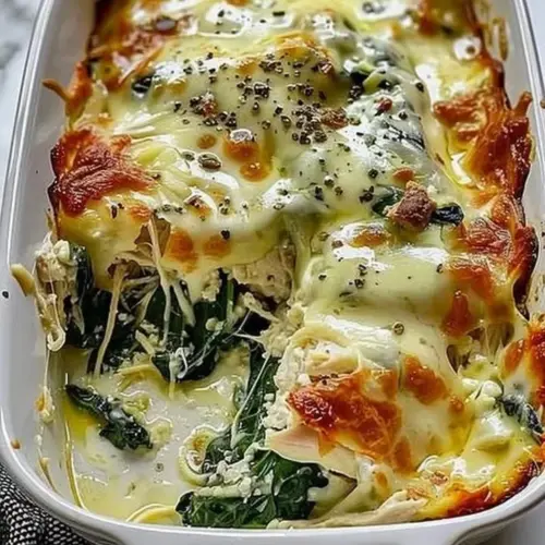 Cream cheese chicken spinach casserole baked in a dish with fresh spinach and chicken