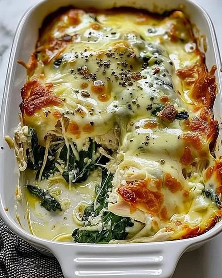 Cream cheese chicken spinach casserole baked in a dish with fresh spinach and chicken