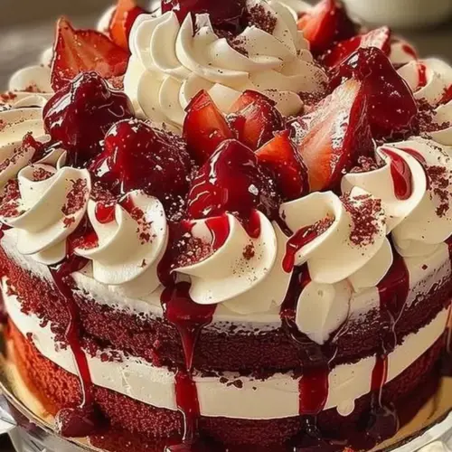 Cream Cheese Frosted Red Velvet Cake with decorative topping on a plate