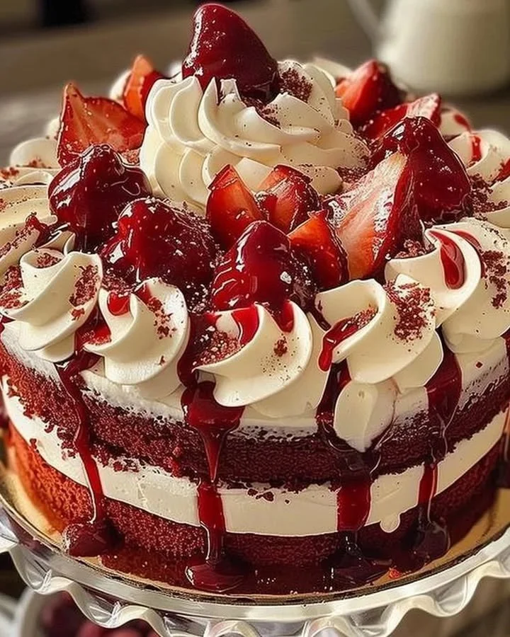 Cream Cheese Frosted Red Velvet Cake with decorative topping on a plate