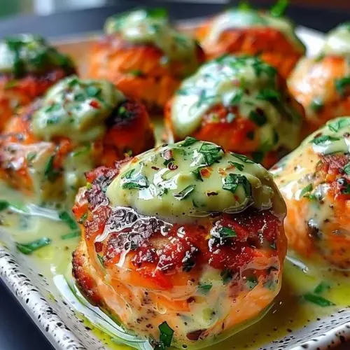 Creamy avocado salmon meatballs served on a plate with fresh herbs.