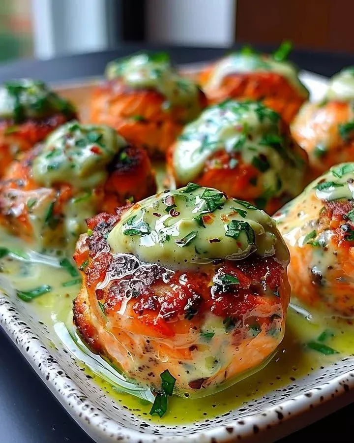 Creamy avocado salmon meatballs served on a plate with fresh herbs.