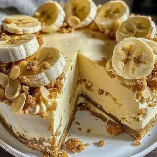Creamy banana pudding cheesecake with crunchy topping served on a plate