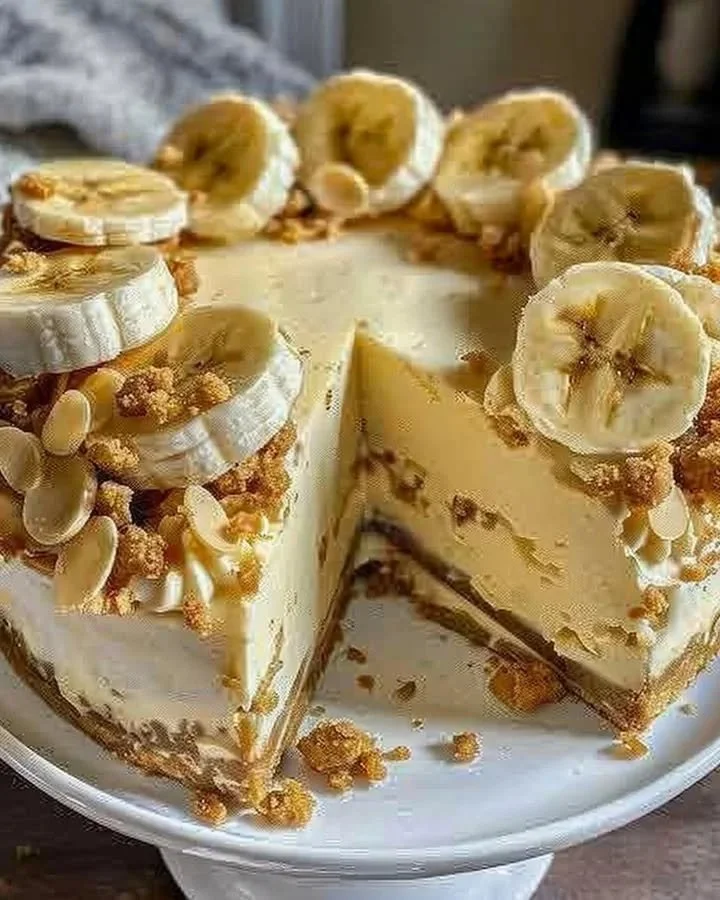 Creamy banana pudding cheesecake with crunchy topping served on a plate