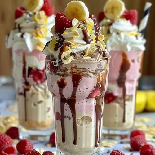 Delicious creamy banana split milkshakes topped with whipped cream and cherries