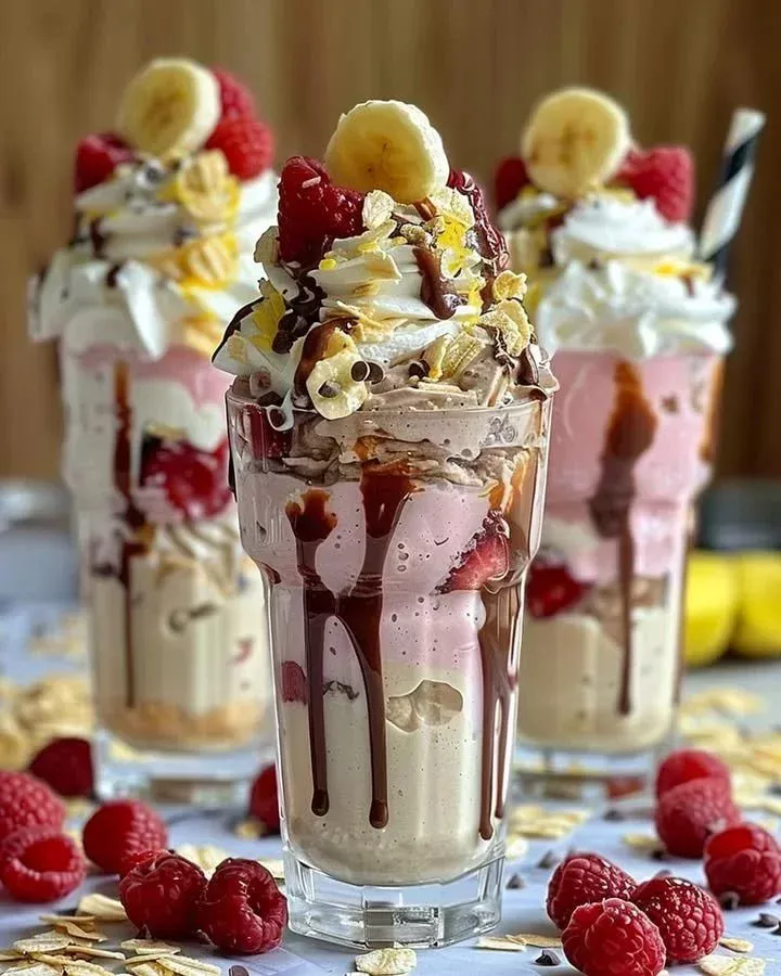 Delicious creamy banana split milkshakes topped with whipped cream and cherries