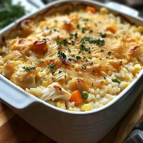 Creamy Chicken and Rice Bake served in a dish with a golden crust