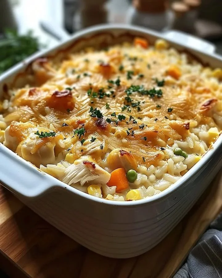 Creamy Chicken and Rice Bake served in a dish with a golden crust