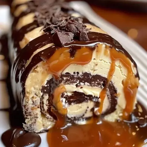 Delicious creamy chocolate caramel roll showcasing rich layers of chocolate and caramel.