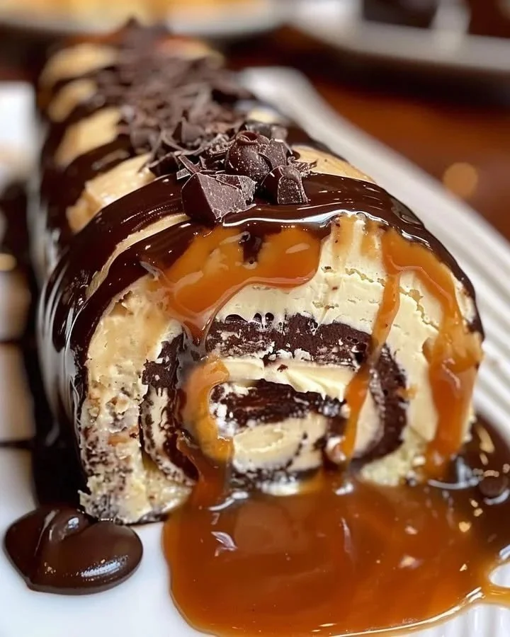 Delicious creamy chocolate caramel roll showcasing rich layers of chocolate and caramel.