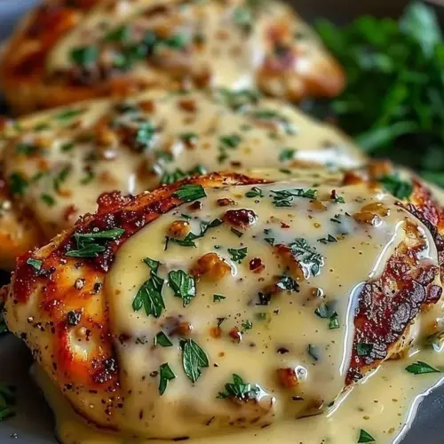 Creamy Garlic Chicken Parmesan dish served with rich sauce and cheese
