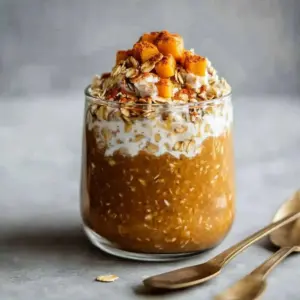 Bowl of creamy pumpkin overnight oats topped with pumpkin seeds and spices