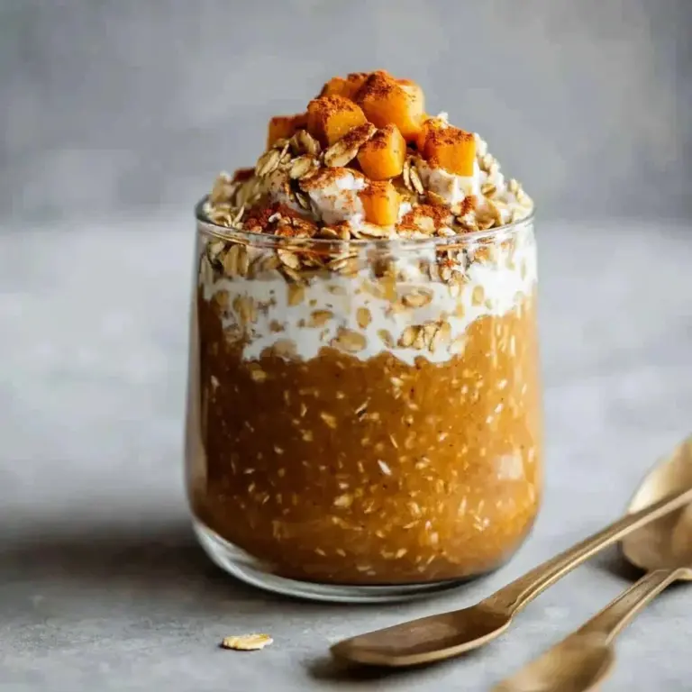 Bowl of creamy pumpkin overnight oats topped with pumpkin seeds and spices