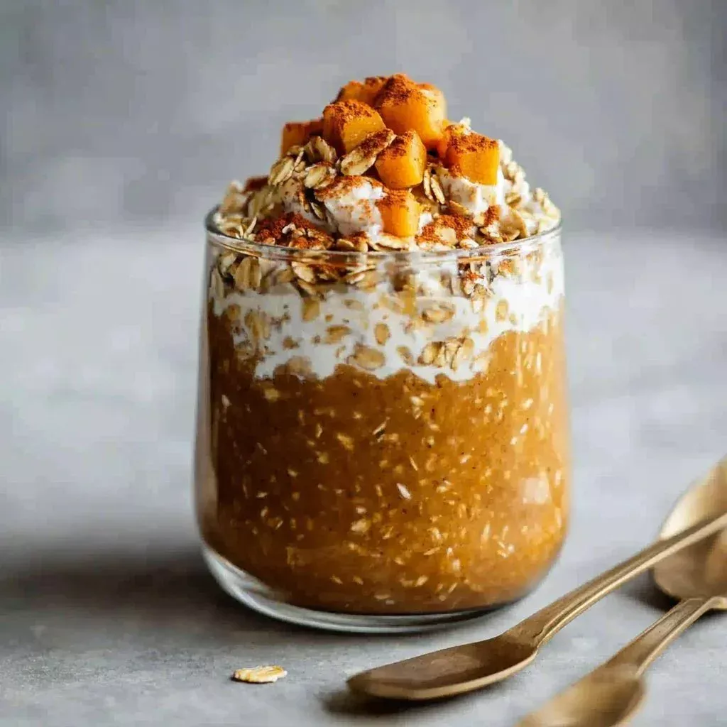 Bowl of creamy pumpkin overnight oats topped with pumpkin seeds and spices