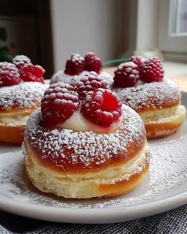 Delicious creamy raspberry custard buns served on a plate