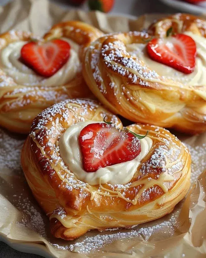 Danish strawberry cream dessert served in a bowl with fresh strawberries on top