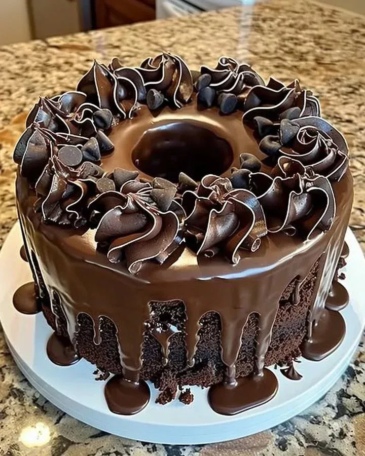 Decadent death by chocolate cake served on a plate with chocolate drizzle