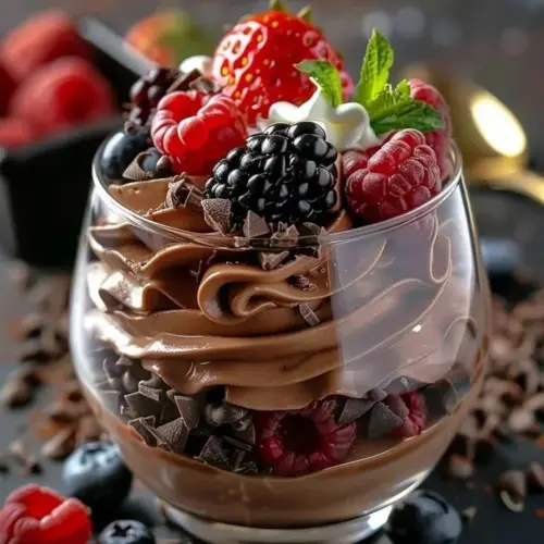Decadent chocolate berry parfait with layers of chocolate and fresh berries