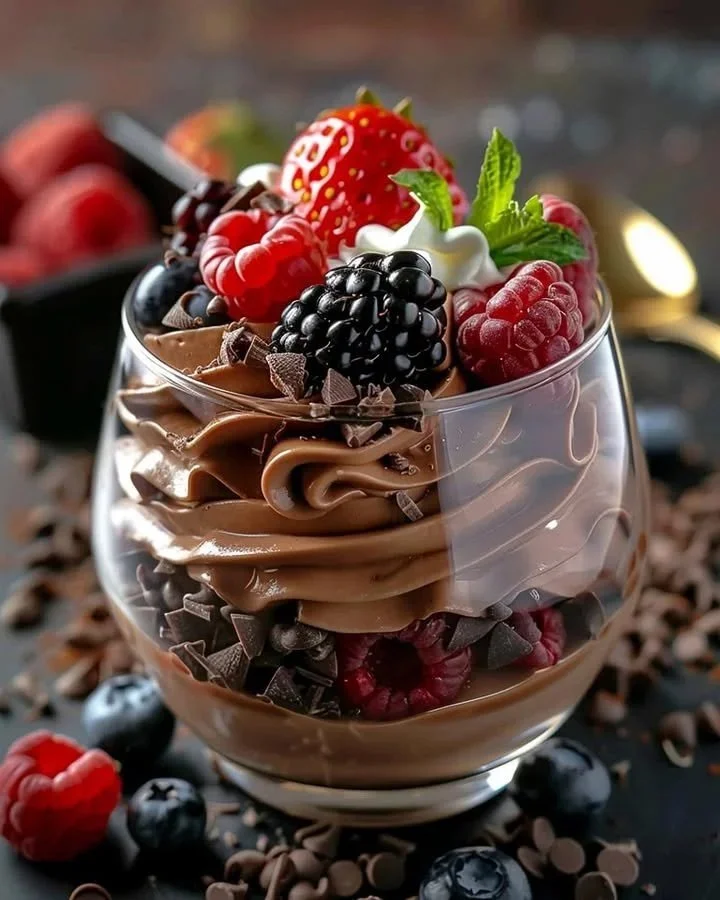 Decadent chocolate berry parfait with layers of chocolate and fresh berries