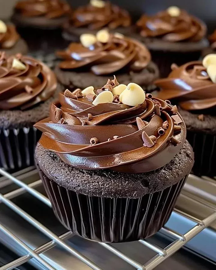 Decadent chocolate fudge cupcakes topped with rich chocolate frosting
