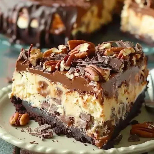 Slice of decadent German chocolate cheesecake with chocolate and coconut topping