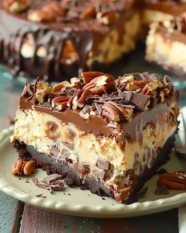 Slice of decadent German chocolate cheesecake with chocolate and coconut topping